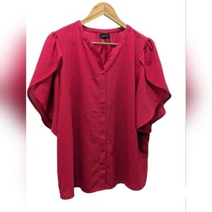 Woven Button-Front Flutter Sleeve Top - Pink